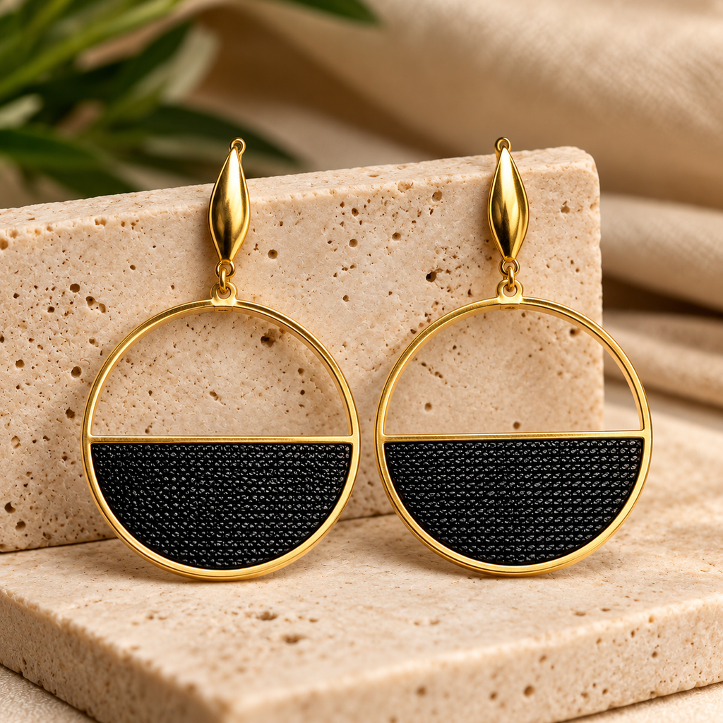 Black Leather-Look Polymer Clay Statement Earrings | 18K Gold Plated