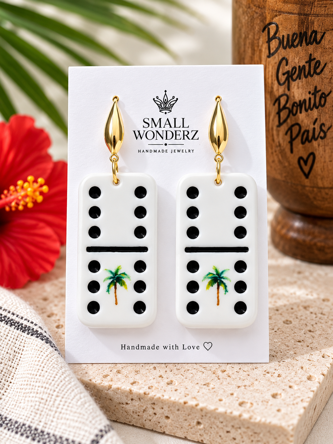 Puerto Rican Domino Earrings with Palm Tree | Handmade Boricua Statement Earrings