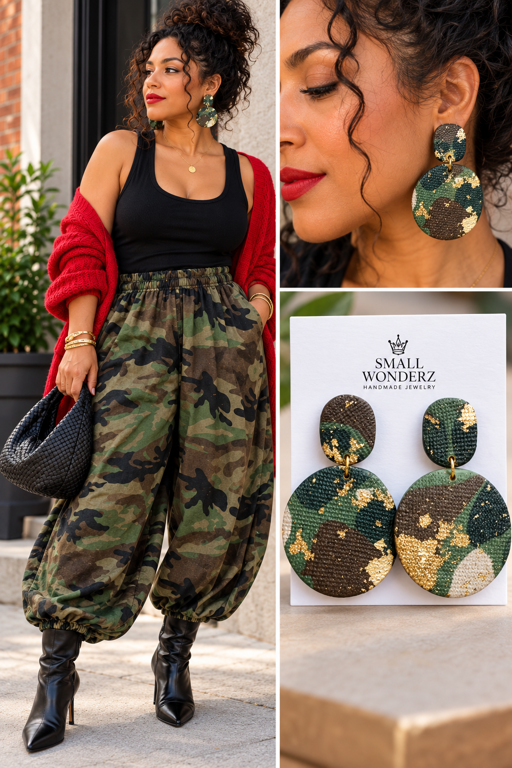 Camo Luxe Statement Earrings | Handmade Polymer Clay with Gold Leaf