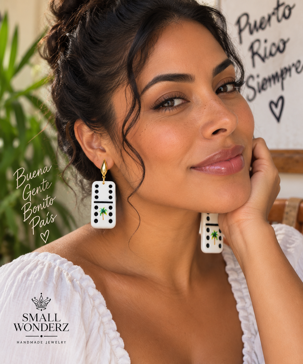 Puerto Rican Domino Earrings with Palm Tree | Handmade Boricua Statement Earrings