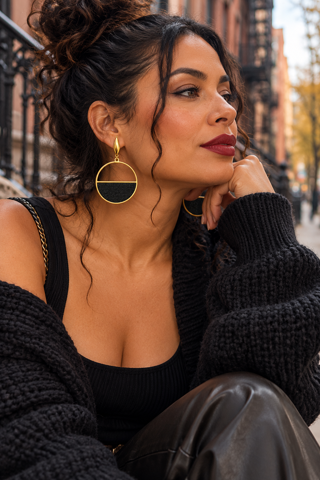 Black Leather-Look Polymer Clay Statement Earrings | 18K Gold Plated