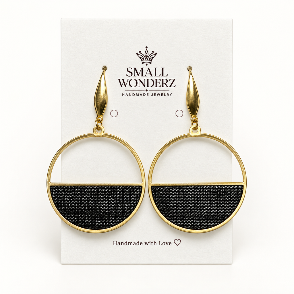 Black Leather-Look Polymer Clay Statement Earrings | 18K Gold Plated